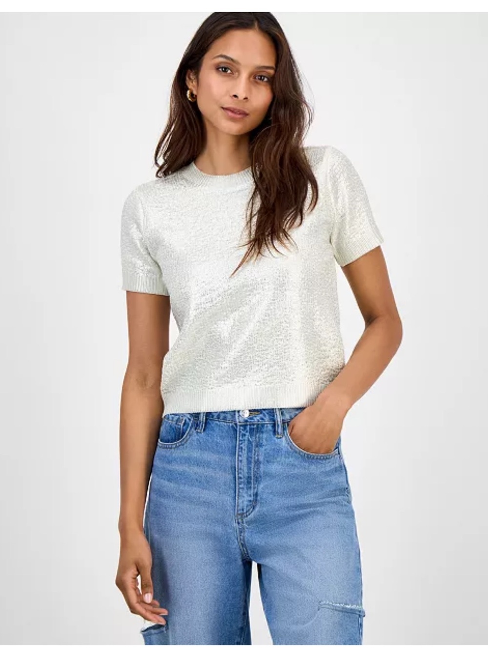 NWOT Bar III Foiled Cropped Short Sleeve Sweater S